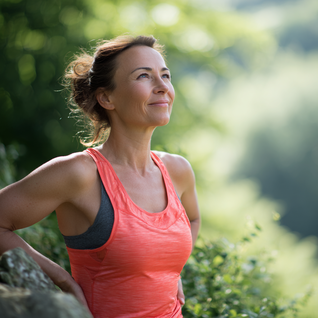 Smiling middle-aged Slovak woman in athletic wear performing strength training exercises in modern gym