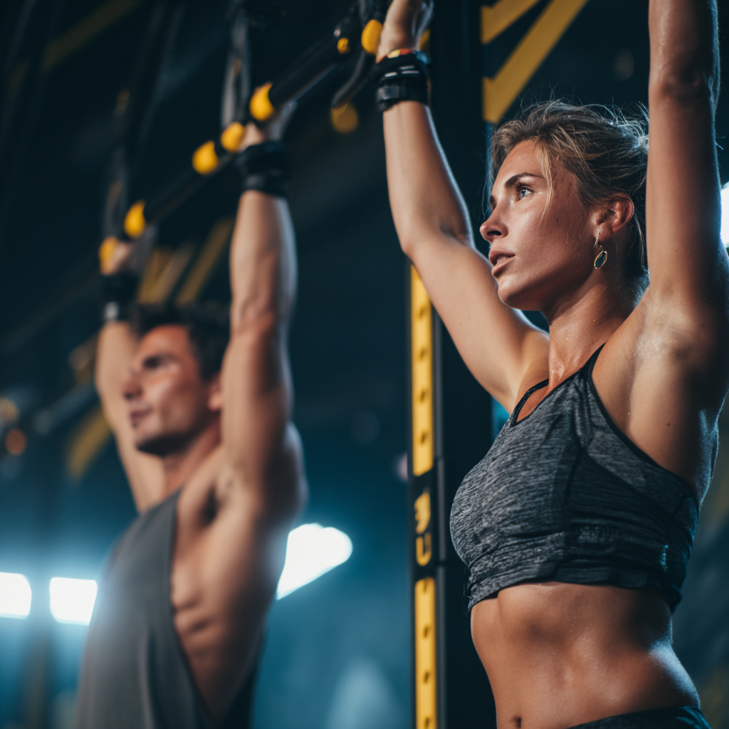 Happy Slovak woman in her thirties showing confidence and strength through dynamic movement in well-equipped fitness environment